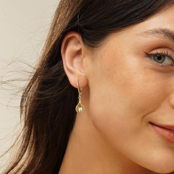 14K Gold- Floral Leverback Dangle Drop Hypoallergenic Earring for Women - Picture 3 of 7